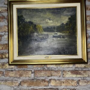 paisaje ribereño clásico con embarcación pintado al oleo