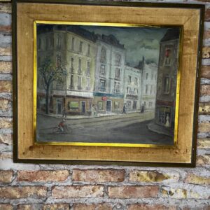cuadro de estilo urbano europeo que retrata una escena cotidiana de ciudad