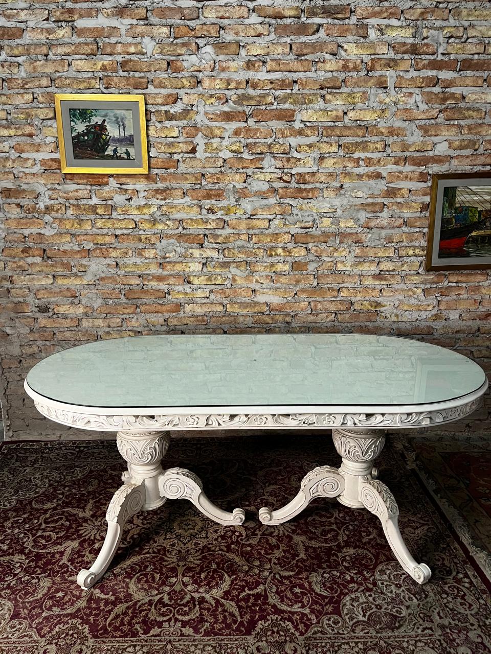 Mesa de comedor oval francés laqueada doble Pata sheraton - Imagen 9