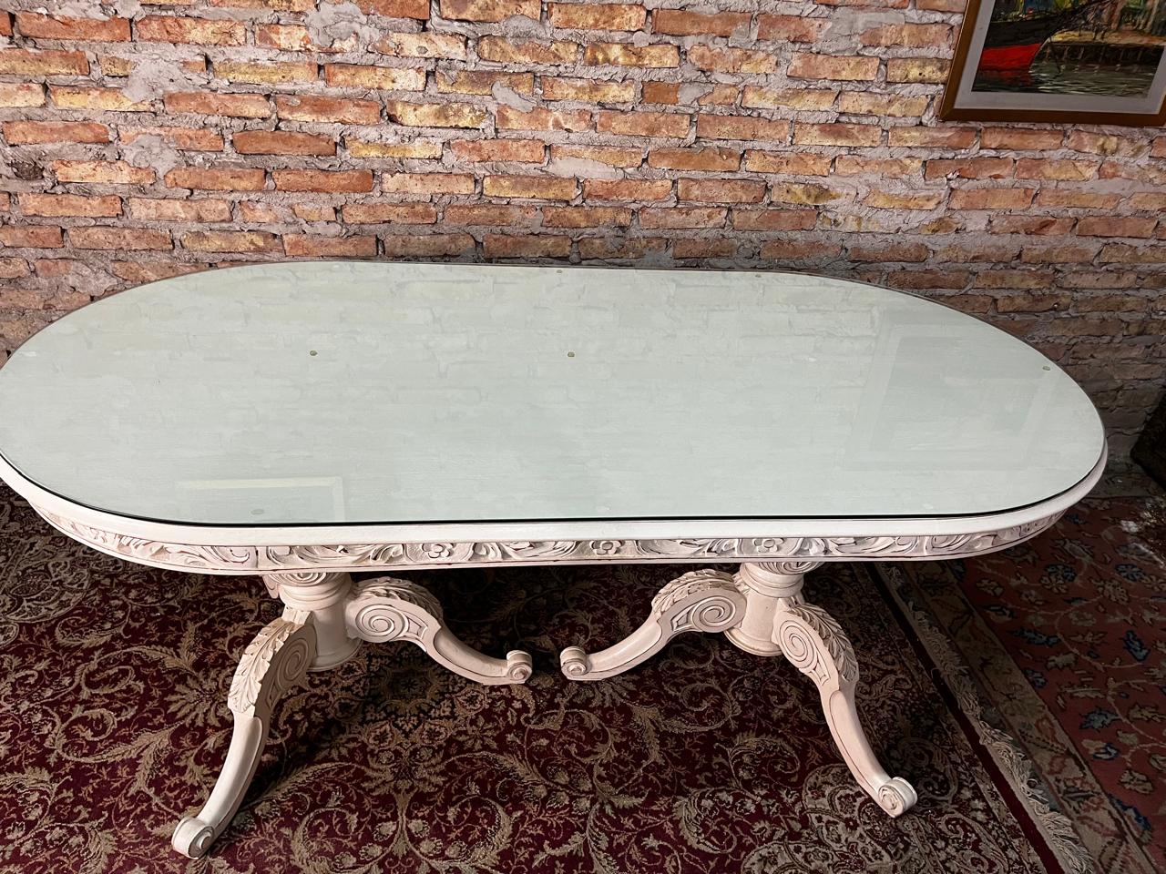 Mesa de comedor oval francés laqueada doble Pata sheraton - Imagen 6