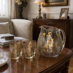 juego antiguo de jarra y cuatro vasos de cristal con detalles en dorado